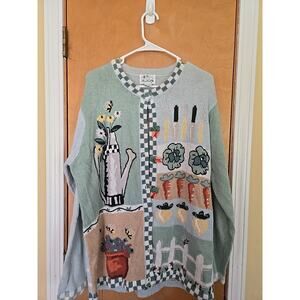 The Quacker Factory Garden Knit Sweater Size L Grandma Ramie Cotton Heavy